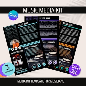 May include: A black and white media kit template for musicians with the text "MUSIC MEDIA KIT" in white. The template includes a photo of a DJ mixing music on a turntable, a contact section, and a section for listing venues performed. The template is available in three colors.