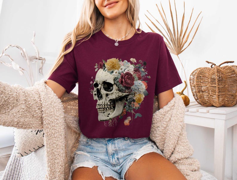 Floral Skull Tee, Goth Style, Day of the Dead T-Shirt image 5