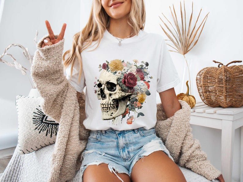 Floral Skull Tee, Goth Style, Day of the Dead T-Shirt image 4