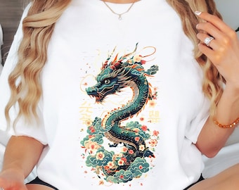 Chinesischer Drache T-Shirt: Blumen Asiatisch Kunst Tee