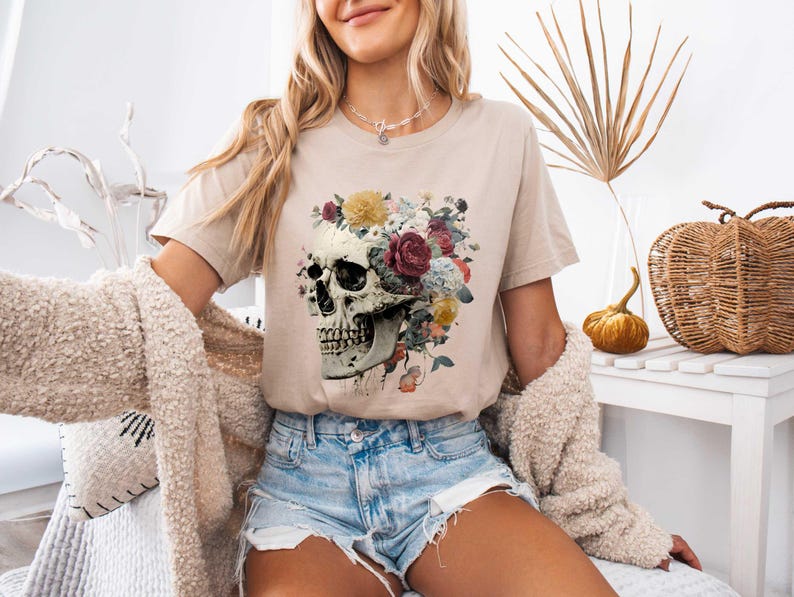 Floral Skull Tee, Goth Style, Day of the Dead T-Shirt image 3