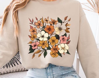 Floral Print Crewneck Sweatshirt, Cozy Autumn Jumper