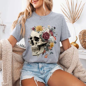 Floral Skull Tee, Goth Style, Day of the Dead T-Shirt image 2