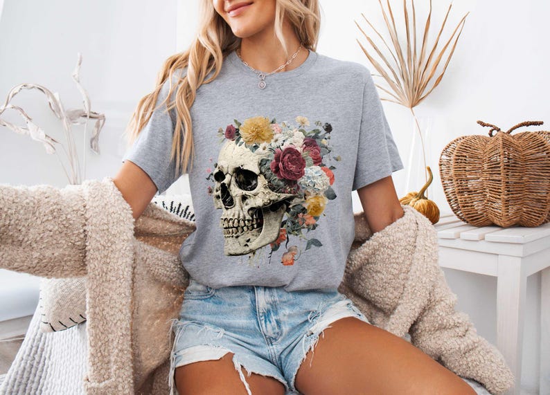 Floral Skull Tee, Goth Style, Day of the Dead T-Shirt image 2