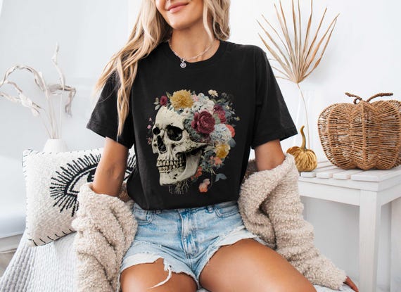 Floral Skull Tee, Goth Style, Day of the Dead T-Shirt