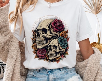 Vintage Schädel und Rosen Schwere Baumwolle T-Shirt, Gothic Biker T-Shirt