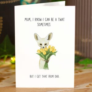 Carte drôle de maman, carte de fête des mères sarcastique, carte coquine pour maman, carte d'anniversaire de maman de sa fille, carte fennec renard, carte grossière, tulipes jaunes