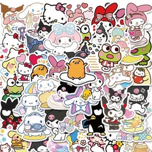 25 pegatinas de Hello Kitty y sus amigos, Kuromi, Cinnamoroll, Melody y Hello Kitty, pegatinas de dibujos animados para teléfono móvil, equipaje y taza de agua.