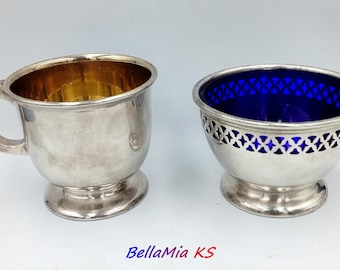 Vintage Birks Silverplate Sugar Condiment Bowl Cobalt Liner & Birks Christening Cup. @BellaMiaKeepSakes