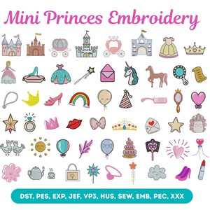 50+ Princes Mini Embroidery Designs, Birthday Girly Icons Machine Embroidery, Magic Kingdom Cute Embroidery Pattern,Instant Download,6 Sizes