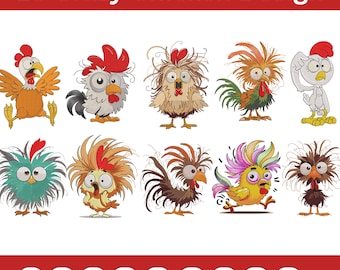 Crazy Chickens Embroidery, 10 Funny Chickens Machine Embroidered Design, Cute Crazy Birds Design, Instant Download-6 Sizes, Pes Dst Exp File