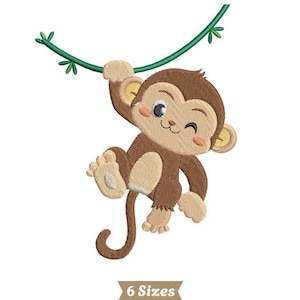 Cute Monkey Embroidery, Baby Monkey Design, Machine Embroidered, Safari Animals, Digital Download, 6 Sizes, Monkey Pattern, Pes Dst Files