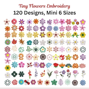Könnte beinhalten: Ein Bild mit 120 kleinen Blumenstickerei-Designs in verschiedenen Farben und Stilen. Der Text lautet "Tiny Flowers Embroidery" und "120 Designs, Mini 6 Sizes". Die Blumen sind in verschiedenen Farben wie Rosa, Gelb, Lila und Blau dargestellt.