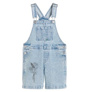 May include: Light blue denim overalls with a floral design on the front. The overalls have adjustable straps and a button closure.