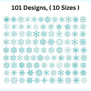 May include: A collection of 101 teal snowflake embroidery designs arranged in a grid, with the text 101 Designs, ( 10 Sizes ) displayed at the top. Each snowflake features a unique geometric pattern in a bright teal thread color.