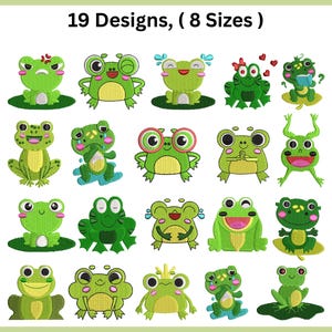 Può includere: Una collezione di 19 disegni da ricamo che raffigurano varie rane verdi in diverse pose ed espressioni, con il testo 19 Designs, ( 8 Sizes ) visualizzato in alto. Le rane sono rappresentate con caratteristiche diverse come cuori, lacrime e ninfee.