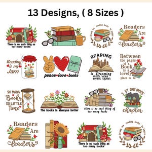 Puede incluir: Una colección de 13 diseños de bordado con libros, citas sobre lectura, flores y animales. Los gráficos incluyen pilas de libros, un reloj de arena, un gato y textos como 'Readers Are Leaders' y 'Peace Love Books' en varios colores y estilos.