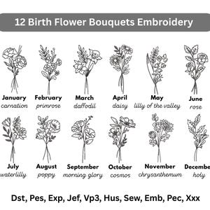 Geburtsblumen Stickerei, 12 Monate Blumenstrauß maschinell gestickt, Sofort-Download, 6 Größen, Umriss Wildblumen Muster, Pes Dst-Datei