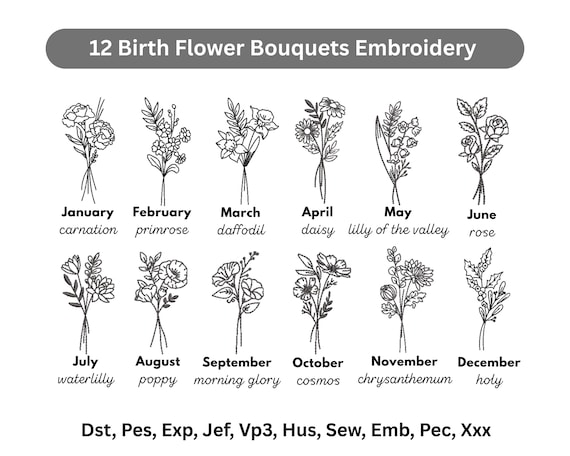 Birth Flowers Embroidery, 12 Month Flowers Bouquet Machine Embroidered, Instant Download, 6 Sizes, Outline Wildflowers Pattern, Pes Dst File
