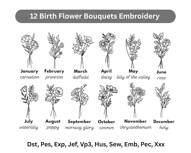 Birth Flowers Embroidery, 12 Month Flowers Bouquet Machine Embroidered, Instant Download, 6 Sizes, Outline Wildflowers Pattern, Pes Dst File image 1