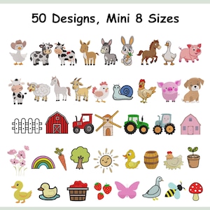 Könnte beinhalten: Ein Bild mit dem Text "50 Designs, Mini 8 Sizes" über einer Sammlung von farbenfrohen Cartoon-Bauernhoftieren, Gebäuden und Naturelementen. Die Illustrationen umfassen eine Vielzahl von Tieren, einen Regenbogen und eine lächelnde Sonne.