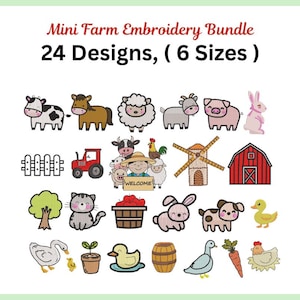 ミニファームアニマル刺繍、かわいいファームハウスアニマル24種類の機械刺繍デザイン、即時ダウンロード、6サイズ、Pes Dst Exp Jef Vp3ファイル