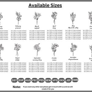 Birth Flowers Embroidery, 12 Month Flowers Bouquet Machine Embroidered, Instant Download, 6 Sizes, Outline Wildflowers Pattern, Pes Dst File image 3