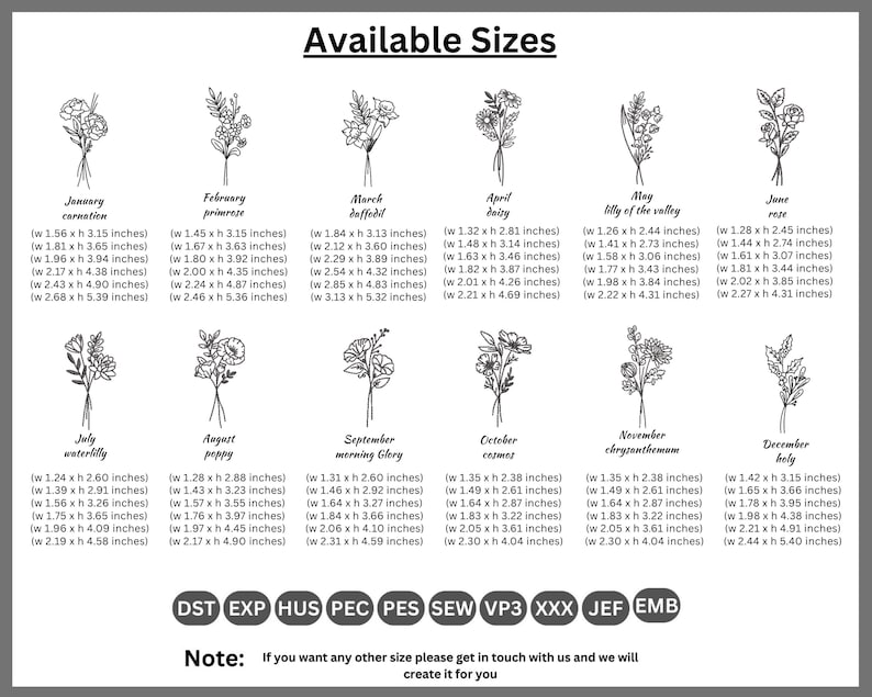 Birth Flowers Embroidery, 12 Month Flowers Bouquet Machine Embroidered, Instant Download, 6 Sizes, Outline Wildflowers Pattern, Pes Dst File image 3