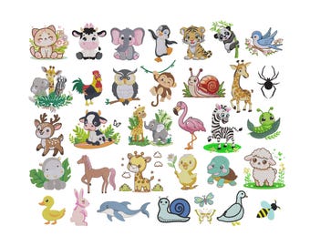 30+ Safari Animal Embroidery Designs, Baby Animals Machine Embroidery, Cute Jungle Animals Pattern, Instant Download, 6 Sizes, Pes Dst Files