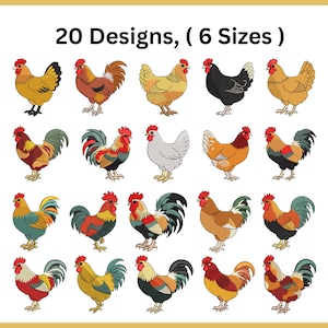 May include: A collection of 20 distinct chicken and rooster illustrations arranged in a grid, featuring various color patterns including brown, black, red, and white. The text 20 Designs, ( 6 Sizes ) is displayed at the top of the image.
