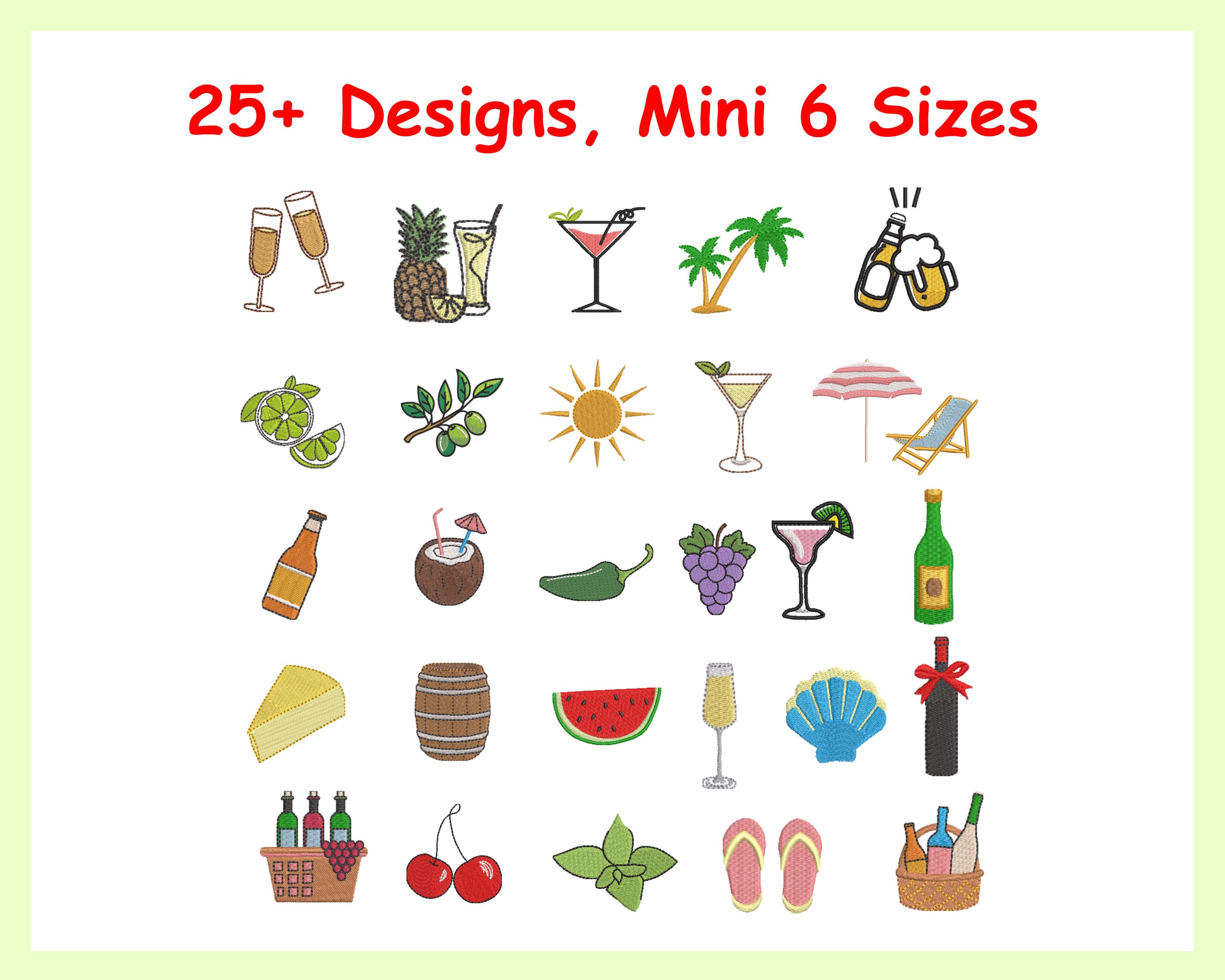 Mini Set Embroidery Summer Designs, Mini Cocktail Drinks Bundle, Machine Embroidered, Beach Designs Embroidery, Instant Download, 6 Sizes