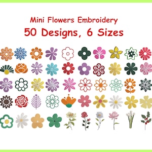 かわいいミニフラワー刺繍、50個の小さな花が機械刺繍、即時ダウンロード、個々の花、6サイズ、花柄刺繍バンドル