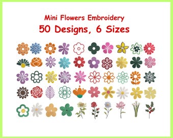 Cute Mini Flowers Embroidery, 50 Small Flowers Machine Embroidered, Instant Download, Individual Flowers, 6 Sizes, Floral Embroidery Bundle