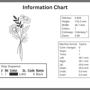 May include: A black and white embroidery design of a bouquet of daisies with 5,842 stitches. The design is 119.2 mm high and 56.1 mm wide. The embroidery file is in Tajima format and requires one color change.
