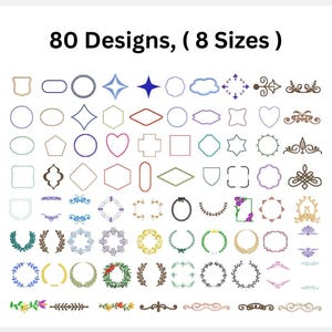 May include: An image showcasing 80 different design options in various shapes and styles. The designs include frames, borders, and decorative elements, with the text "80 Designs, (8 Sizes)" at the top.