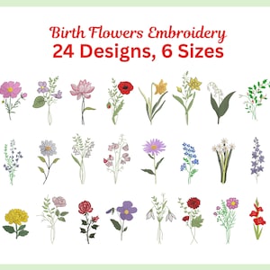 Puede incluir: Imagen con 24 diseños de bordado de flores de nacimiento en varios colores, incluyendo rosa, rojo, amarillo y morado. El texto en la parte superior dice "Birth Flowers Embroidery 24 Designs, 6 Sizes."