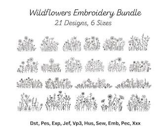 Wildflower Outline Embroidery Design, 21 Cottagecore Wildflower Bundle, Machine Embroidery, Line Art Flowers, Instant Download, Pes Dst File
