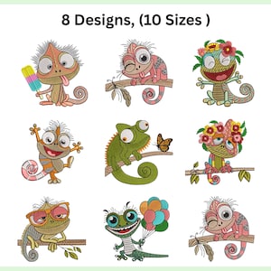 Op de afbeelding: Een verzameling van acht machineborduurontwerpen met cartoon-kameleons in verschillende houdingen, waaronder een met een ijsje, een met bloemen en een met ballonnen. De tekst 8 Designs, (10 Sizes ) staat bovenaan.