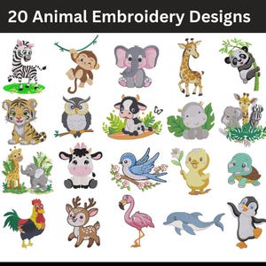 サファリ動物刺繍デザイン、ジャングル動物 20 匹の機械刺繍、赤ちゃん動物バンドル、動物園刺繍デジタルダウンロード、6 サイズ