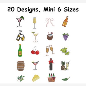 Può includere: Immagine con il testo "20 Designs, Mini 6 Sizes" sopra una collezione di ricami. I disegni includono vari cocktail, calici di champagne, un fiocco, una bottiglia di birra, boccali di birra, una bevanda al cocco, uva, una bottiglia di vino, ciliegie e altro.