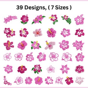 Op de afbeelding: Een verzameling van 39 geborduurde hibiscusbloemmotieven in verschillende tinten roze, magenta en wit, gerangschikt in een raster. De tekst 39 Designs, ( 7 Sizes ) staat bovenaan de afbeelding en toont diverse bloemmotieven.