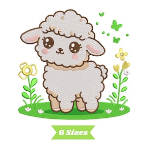 Sheep Embroidery, Baby Lamb Embroidery Design, Farm Sheep Cute Flowers Machine Embroidery, Digital Download, 6 Sizes, Baby Farm Animals