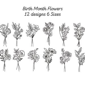 Birth Flowers Embroidery, 12 Month Flowers Bouquet Machine Embroidered, Instant Download, 6 Sizes, Outline Wildflowers Pattern, Pes Dst File image 2