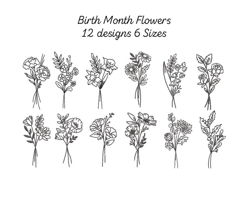 Birth Flowers Embroidery, 12 Month Flowers Bouquet Machine Embroidered, Instant Download, 6 Sizes, Outline Wildflowers Pattern, Pes Dst File image 2