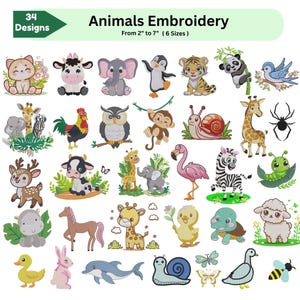 30種類以上のサファリ動物の刺繍デザイン、赤ちゃん動物の機械刺繍、かわいいジャングル動物のパターン、即時ダウンロード、6サイズ、PES DSTファイル
