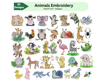 30+ Safari Animal Embroidery Designs, Baby Animals Machine Embroidery, Cute Jungle Animals Pattern, Instant Download, 6 Sizes, Pes Dst Files