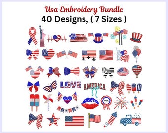 USA Embroidery Designs Bundle, 4th of Jyly Independence Day Machine Embroidery, 7 Sizes, Instant Download Files, Pes Dst Exp Vp3 Jef Hus Sew