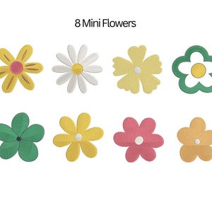 Könnte beinhalten: Acht kleine gestickte Blumen in verschiedenen Farben und Stilen, darunter Gelb, Weiß, Grün, Rosa und Orange. Die Blumen sind alle in einem einfachen, cartoonartigen Stil.