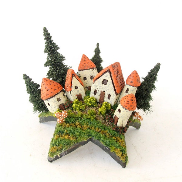French Fairy Farm Houses Upon a Star - Tiny Landscaped Village, Mushrooms and Pine Trees by Bewilder and Pine