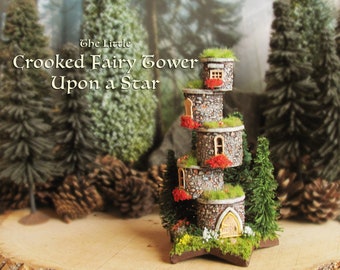 The Crooked Fairy Tower Upon a Star - Miniature Stone Five Level Tower w/ Grassy Rooftops, Blooming Flower Boxes, Pine Trees & Wildflowers